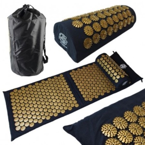 Saltea acupresură cu pernă, pentru masaj și relaxare, Ecarla, 116x43 cm, negru-auriu, cu husă transport