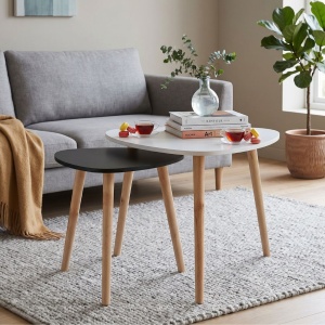 Set 2 măsuțe cafea, MDF, picioare de pin, alb-negru, 54x45 cm, 40x40 cm