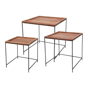 Set 3 măsuțe suprapozabile Koopman, din lemn natural, cadru metalic negru, 40,3x40,3x41 cm, 35x35x37 cm, 30x30x33 cm