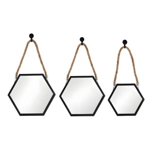 Set 3 oglinzi hexagonale decorative cu ramă neagră și agățătoare, 22x17x20 cm