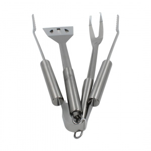 Set 3 ustensile pentru grătar – inox, 35 cm: spatulă, furculiță și clește