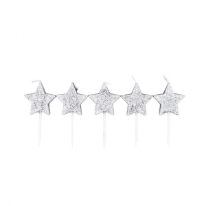Set 5 lumânări Steluțe Argintii Glitter