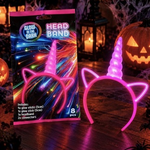 Set accesorii Glow in the Dark, pentru petrecere Halloween, bentiță unicorn și batoane fluorescente, 8 piese