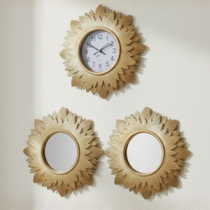 Set ceas de perete decorativ cu oglinzi, culoare auriu, model soare, design modern