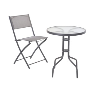 Set mobilier bistro pliabil cu masă rotundă și 2 scaune – cadru metalic și blat din sticlă securizată, gri