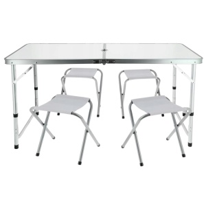 Set mobilier de camping pliabil, Jumi, alb, masă cu picioare reglabile și 4 tabureți