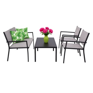 Set mobilier de grădină Jumi, canapea, 2 fotolii și măsuță de cafea, oțel și textilenă, gri
