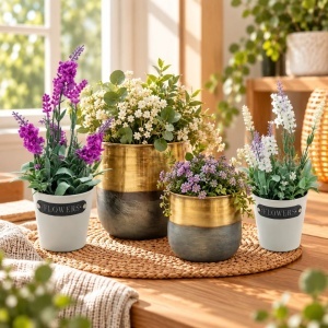 Set of 2 gold and smoky grey metal planters (19 cm and 14 cm) + 2 artificial potted lavender plants (28×9 cm, lilac and white)