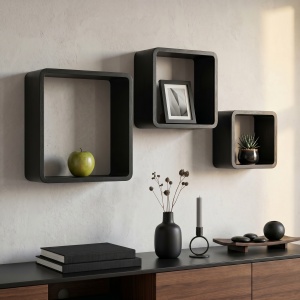 Set of 3 decorative wooden shelves, H&S Collection, black, 23/25.8/28.5