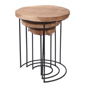 Set 3 măsuțe rotunde, decorative, Home&Styling Collection, lemn de tec și metal
