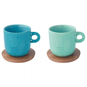 Set porțelan 2 căni 250ml și farfurii acacia turcoaz/albastru - Img 1