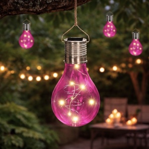 Transparent pink bulb-shaped solar lamp, LED, for garden, patio and outdoor use