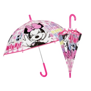 Umbrelă manuală pentru copii Minnie Mouse – 45 cm, cupolă transparentă POE, sistem antivânt din fibră de sticlă, design roz cu buline