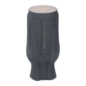 Vază decorativă, din ceramică, gri antracit – design artistic cu față stilizată și finisaj mat, 23x11x10 cm