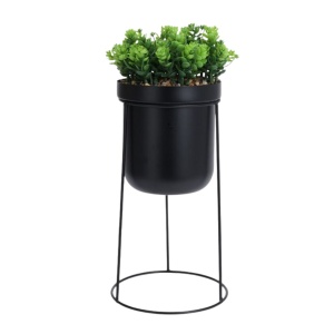 Plantă artificială Buxus 38 cm, în ghiveci cu suport metalic negru, formă cilindrică, design modern