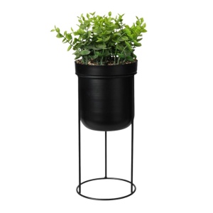 Plantă artificială Eucalipt 38 cm, în ghiveci cu suport metalic negru, formă cilindrică, design modern