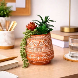 Artificial mixed succulent plant, 15 cm, in a terracotta ceramic pot with an ethnic pattern.