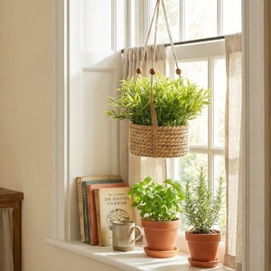 Artificial tarragon plant (11 cm) in a woven hanging basket with a hanger – rustic indoor herb-style decor