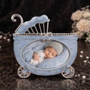 AZAY Baby Photo Frame – Baby Stroller Design, Blue, 13x9 cm, Nursery Decor, Newborn Gift, Premium Gift Box Included