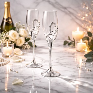 AZAY champagne glass set with double heart and crystals, 25.5 cm, elegant flutes, premium gift including box and tissue paper