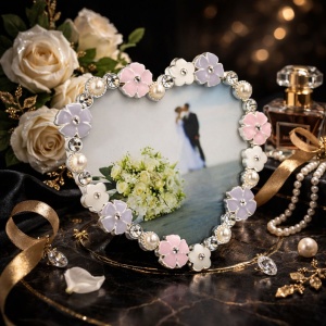 AZAY Heart-Shaped Photo Frame with Flowers and Pearls, 10x10 cm, Decorative Romantic Photo Frame, Wedding/Anniversary Gift, Gift Box Included