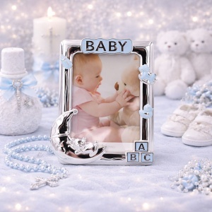 BABY AZAY Blue Photo Frame with Decorative Elements, 10x15 cm, Photo Frame for Boys, Christening / Newborn Gift, Gift Box Included