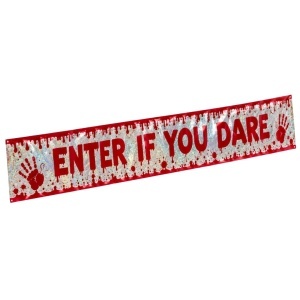 Banner decorativ Halloween, Enter If You Dare, argintiu holografic cu litere roșii și urme de sânge, decorațiune horror pentru uși și pereți