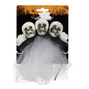 Bentiță Halloween, mireasă fantomă, cu 3 cranii decorative, trandafiri albi, dantelă neagră și voal lung din tul alb, accesoriu costum gothic horror