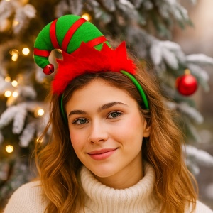Bentiță pentru Craciun, spiriduș verde cu pene și clopoței, Xmas