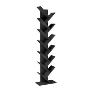 Bibliotecă verticală JUMI, 222x50x24 cm, MDF negru, tip arbore pentru cărți și decorațiuni