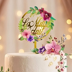 Cake Topper pentru tort, cerc cu mesaj La Mulți Ani și flori roz