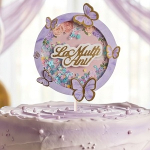 Cake Topper pentru tort cu mesaj La Mulți Ani cerc-fluturași lila
