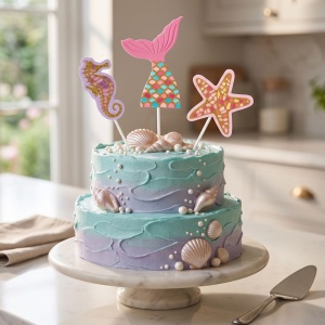 Cake Topper pentru tort, model sirenă, căluț de mare și stea de mare