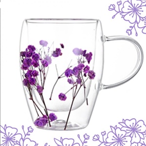 Cană cu flori uscate mov, pereți dubli, sticlă borosilicată, 300 ml