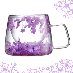 Cană cu flori uscate, pereți dubli, sticlă borosilicată, izolare termică, hortensie, 180 ml