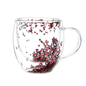 Cană cu inserție de confetti, inimioare roșii și gri, sticlă borosilicată, 250 ml, Aurora Glow