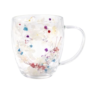 Cană cu inserție de flori uscate alb, roz și mov, hortensie și limonium, pereți dubli, sticlă borosilicată, 350 ml, Aurora Bloom