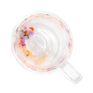 Cană cu inserție de flori uscate, hortensie culori pastel, pereți dubli, sticlă borosilicată, 250 ml, Aurora Bloom