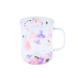 Cană cu inserție de flori uscate, hortensie mov și roz, pereți dubli, sticlă borosilicată, 200 ml, Aurora Bloom