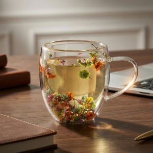 Cană cu inserție de flori uscate, limonium multicolor, pereți dubli, sticlă borosilicată, 250 ml, Aurora Bloom