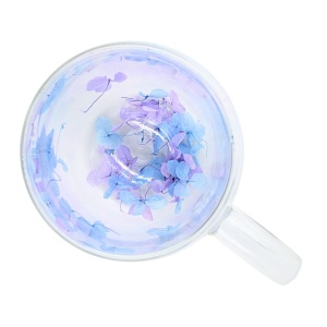 Cană cu inserție de flori uscate mov și albastru, hortensie, pereți dubli, sticlă borosilicată, 350 ml, Aurora Bloom