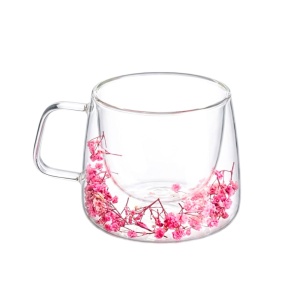 Cană cu inserție de flori uscate roz, floarea miresei, pereți dubli, sticlă borosilicată, 200 ml, Aurora Bloom