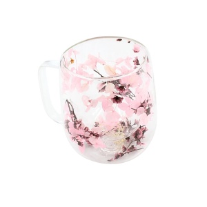 Cană cu inserție de flori uscate roz, hortensie și limonium, pereți dubli, sticlă borosilicată, 250 ml, Aurora Bloom