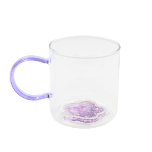 Cană cu model 3D floare mov, pereți dubli, sticlă borosilicată și inserție de sclipici, 300 ml, Aurora Glow