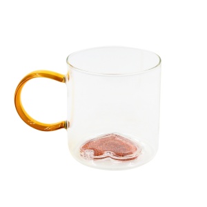Cană cu model 3D inimioară portocalie, pereți dubli, sticlă borosilicată și inserție de sclipici, 300 ml, Aurora Glow