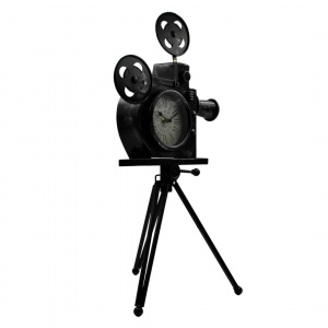 Ceas retro, model camera video cu trepied, metalic, culoare negru vintage