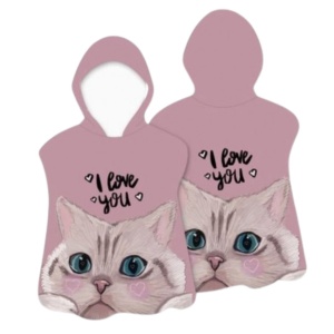 Prosop poncho pentru copii, cu glugă, model pisică, i love you, 60x60 cm, pelerină de plajă, roz