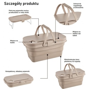Coș de picnic, pliabil, 3 în 1, bej, masă portabilă, recipient și cutie multifuncțională, 15L, KP03K, eCarla