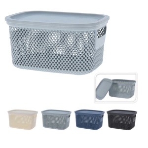 Coș depozitare cu capac din plastic perforat, Storage Solutions, gri deschis