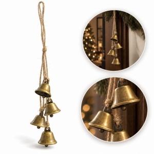 Decorațiune suspendată, de Crăciun, 4 clopoței metalici aurii vintage, șnur rustic pentru agățare, 40 cm, WOZ51